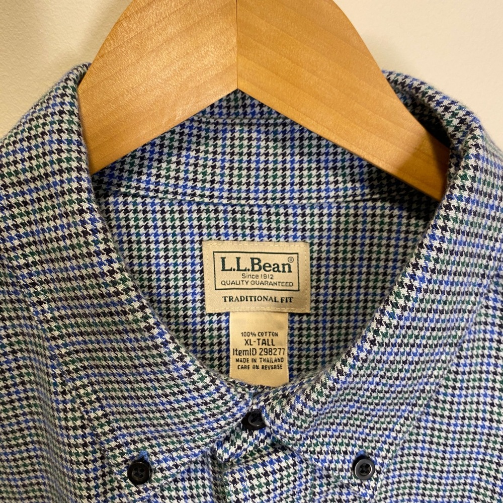 L.L. Bean Button Down Shirt Mens XL-Tall Blue Houndstooth Excellent Long Sleeve - Picture 2 of 10